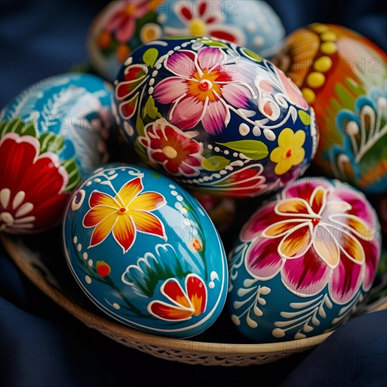 Easter celebration, featuring close up of a collection of brightly colored eggs, each intricately