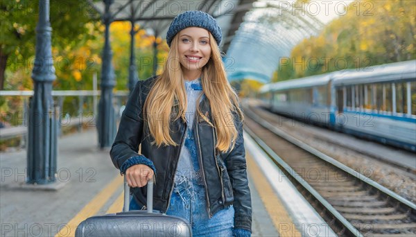 AI generated, A young blonde woman wants to travel and waits for the train at the station, 20, 25,