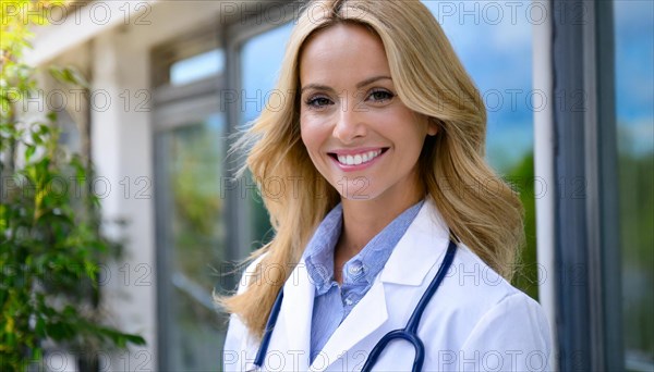 AI generated, A young pharmacist in her pharmacy, portrait, 30, 35, years, female, blonde, blond,