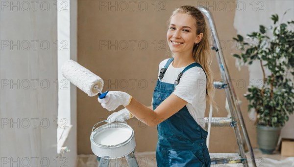 AI generated, woman, woman, a young girl paints a wall with new paint, white, whiter, white,