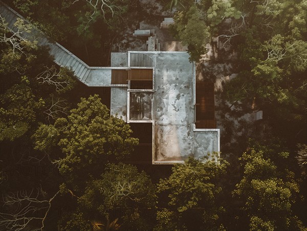 Aerial view of a secluded building among dense greenery in a forest setting, Playa del Carmen beach