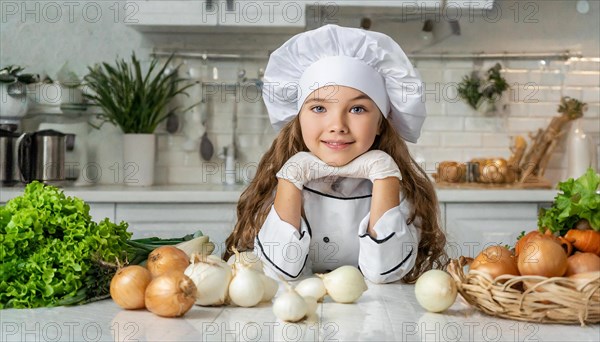 AI generated, human, humans, person, persons, child, children, 8 year old girl cutting onions in a