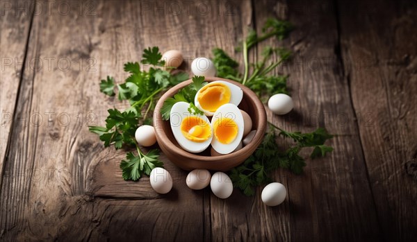 Boiled eggs with herbs on a wooden table, AI generated