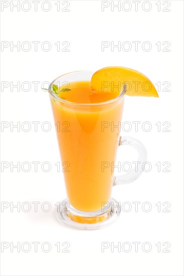 Glass of peach juice isolated on white background. Morninig, spring, healthy drink concept. Side