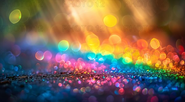 Vibrant and colorful bokeh light particles creating a glittery, defocused abstract effect, ai