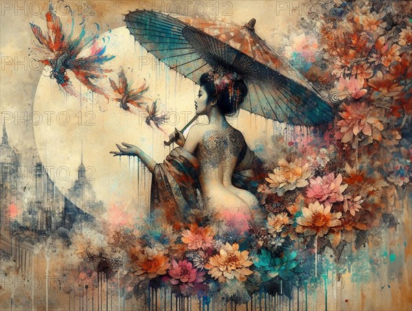 Painting of a woman with an umbrella and koi fish dragons among flowers in a tranquil setting,