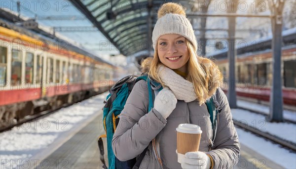 AI generated, A young blonde woman wants to travel and waits for the train at the station, 20, 25,