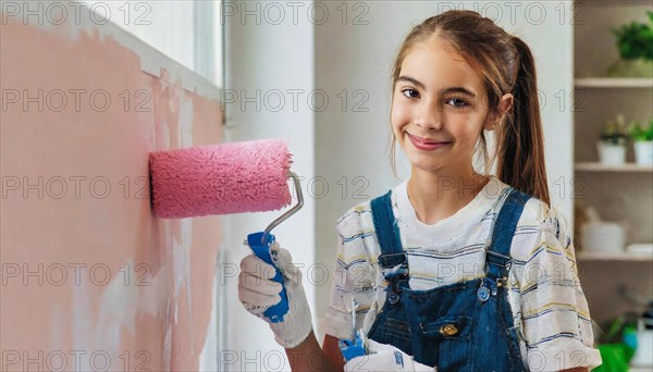 AI generated, woman, woman, a young girl paints a wall with new colour, pink, pink, renovation of