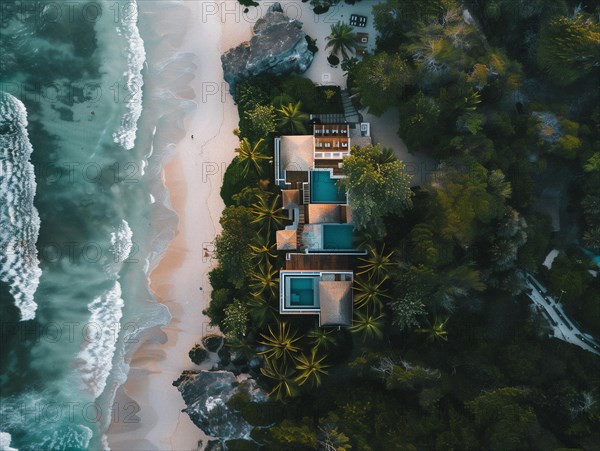 Aerial view of a secluded tropical villa with a thatched roof and pool by a sandy beach, Playa del