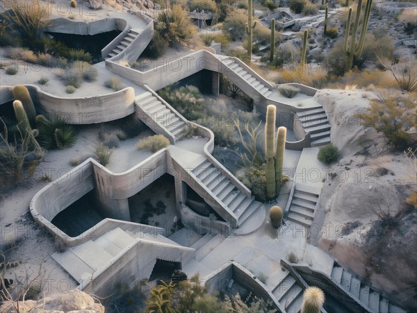 An aerial view of curved concrete pathways amidst desert flora in the tranquil light of dusk,