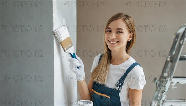 AI generated, woman, woman, a young girl paints a wall with new paint, white, white, renovation of