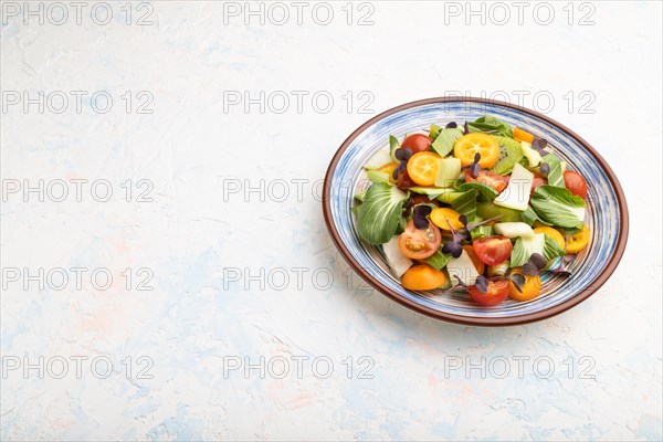 Vegetarian salad of pac choi cabbage, kiwi, tomatoes, kumquat, microgreen sprouts on a white