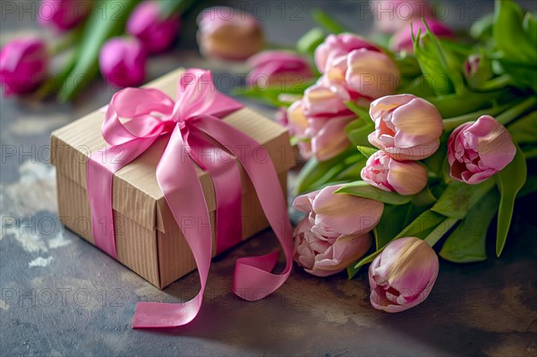 Gift Box with Pink Ribbon Beside bouquet of Fresh Tulips. Background for Valentine day, March 8,