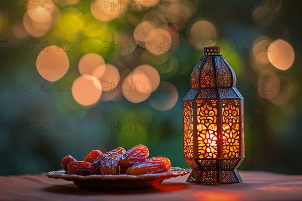 Ramadan lantern with a plate of succulent figs on bokeh background, set on an ornate table with
