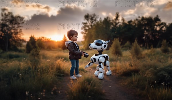 Child in VR glasses with a robot dog in nature. The concept of robotics in children's lives, AI