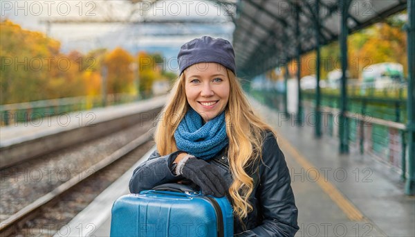 AI generated, A young blonde woman wants to travel and waits for the train at the station, 20, 25,
