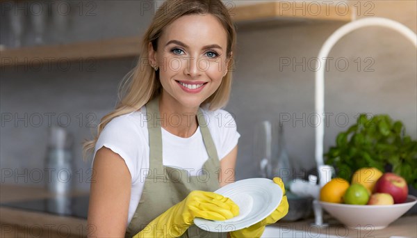 AI generated, woman, woman, 30, 35, blonde, blond, blonde, kitchen, sink, kitchen table, dishes,