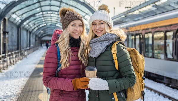 AI generated, Two young blonde woman want to travel and wait in the station for the train, 20, 25,