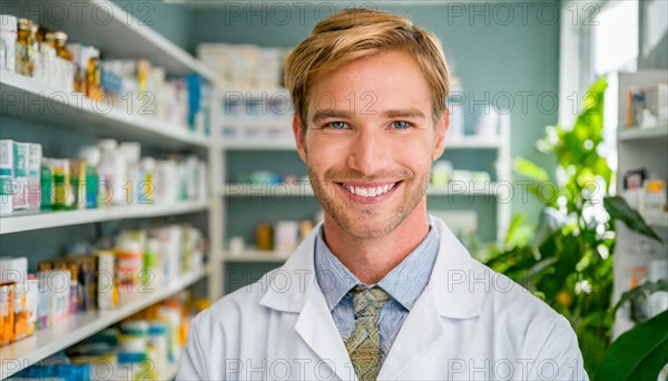 AI generated, A young pharmacist in his pharmacy, portrait, 30, 35, years, man, men, male, bearded,