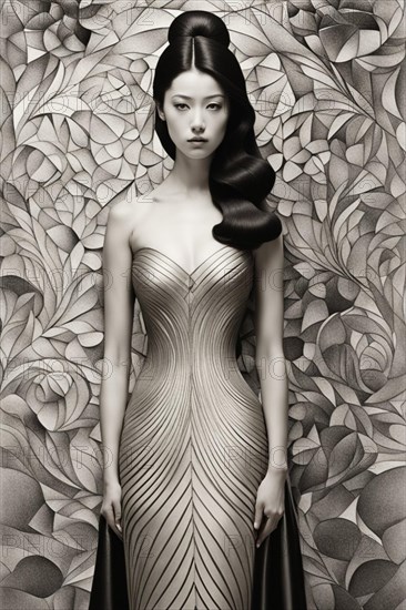Elegant woman in a styled dress against a floral pattern backdrop, AI generated