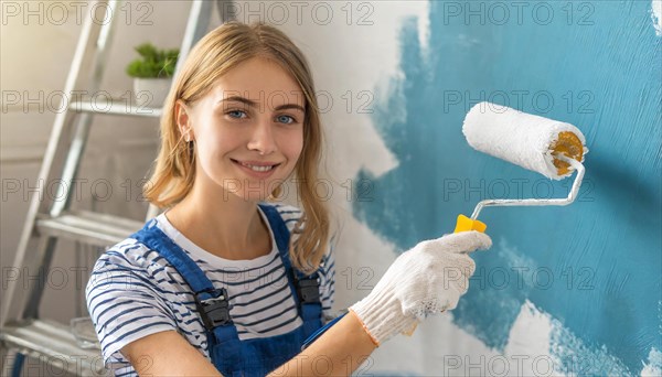 AI generated, woman, woman, a young girl paints a wall with new paint, blue, light blue, blue,