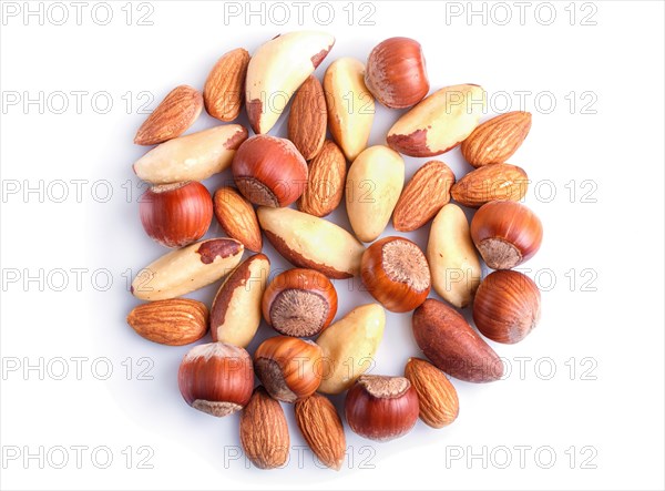 Piles of various nuts isolated on white background. hazelnut, brazil nut, almond, pumpkin seeds,