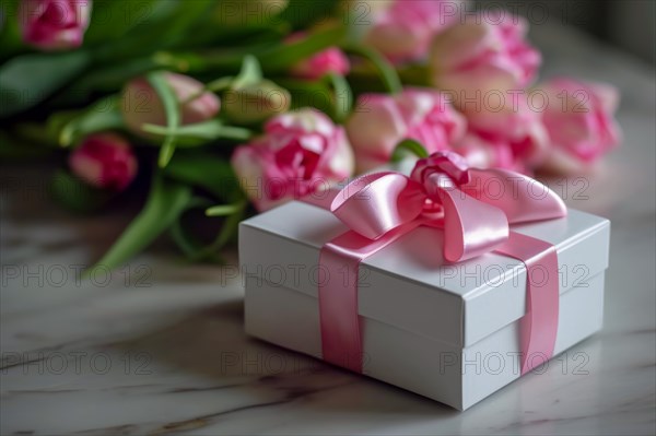 Gift Box with Pink Ribbon Beside bouquet of Fresh Tulips. Background for Valentine day, March 8,