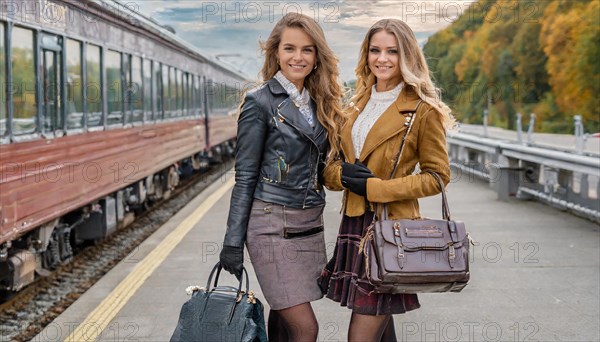 AI generated, Two young blonde woman want to travel and wait for the train at the station, 20, 25,