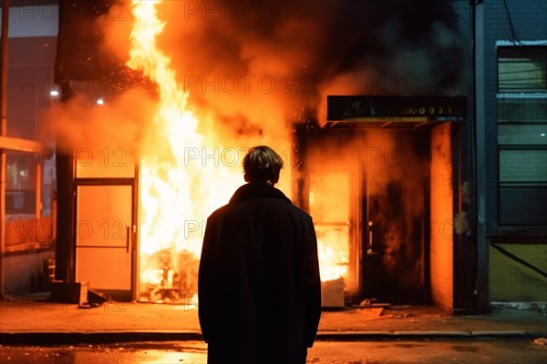 Back viee of man standing in front of burning building. Arson concpet. KI generiert, generiert AI