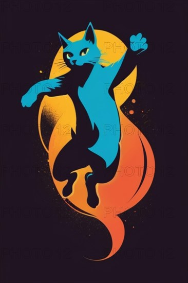 Playful silhouette of a cat with a gradient of orange to yellow in the background, minimalist
