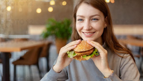 AI generated, human, humans, person, persons, woman, woman, 25, years, sits in restaurant, a