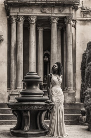 Woman in sophisticated dress by a classical entryway with urn, AI generated