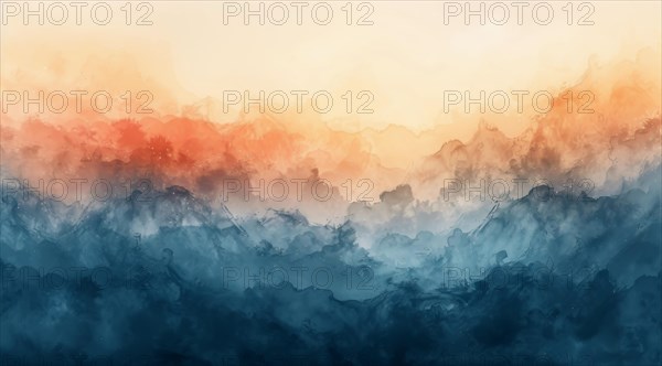 Serene abstract in orange and blue gradients with a calming watercolor effect, ai generated, AI