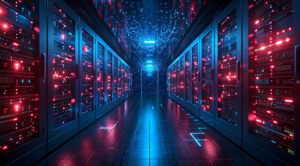 Data center with blue lights shining from server cabinets down a narrow walkway, ai generated, AI