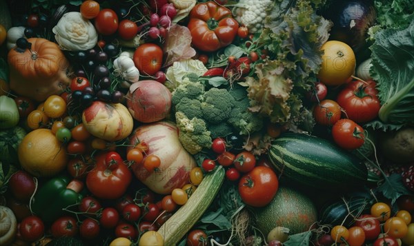 Tomatoes background. Top view of different varieties of tomatoes. Vegetables background. AI