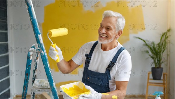 AI generated, man, men, a painter paints a wall with new yellow paint, father, renovation of old