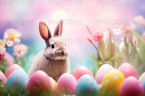 Cute Easter bunny sits beside colorful, decorated eggs amidst a vibrant green field under the