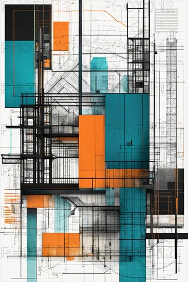 Modern abstract artwork featuring architectural blueprints with teal and orange highlights,