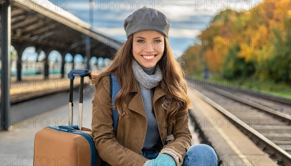 AI generated, A young blonde woman wants to travel and waits for the train at the station, 20, 25,