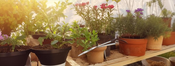 Soil in the flower pots and gardening tools on wooden flat lay background with copy space, AI