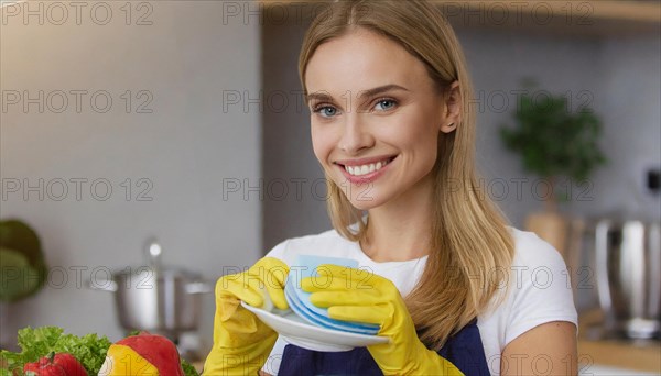 AI generated, woman, woman, 30, 35, blonde, blond, blonde, kitchen, sink, kitchen table, dishes,
