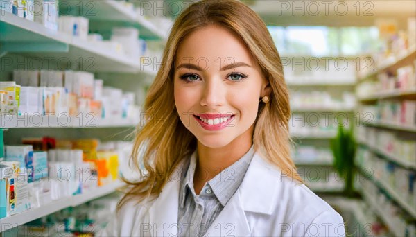 AI generated, A young pharmacist in her pharmacy, portrait, 30, 35, years, female, blonde, blond,