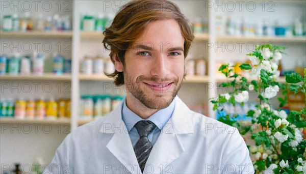 AI generated, A young pharmacist in his pharmacy, portrait, 30, 35, years, man, men, male, bearded,