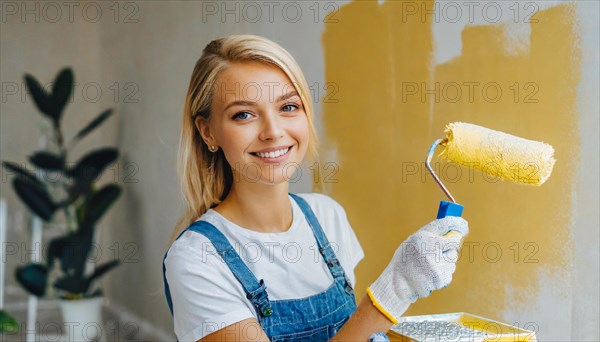 AI generated, woman, woman, a young girl paints a wall with new paint, yellow, yellow, renovation