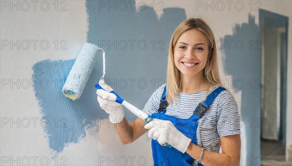 AI generated, woman, woman, a young girl paints a wall with new paint, blue, light blue, blue,