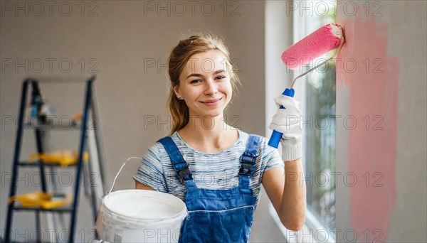 AI generated, woman, woman, a young girl paints a wall with new colour, pink, pink, renovation of