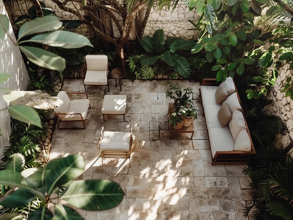 A serene courtyard with tropical plants, stone tiles, and comfortable outdoor furniture bathed in