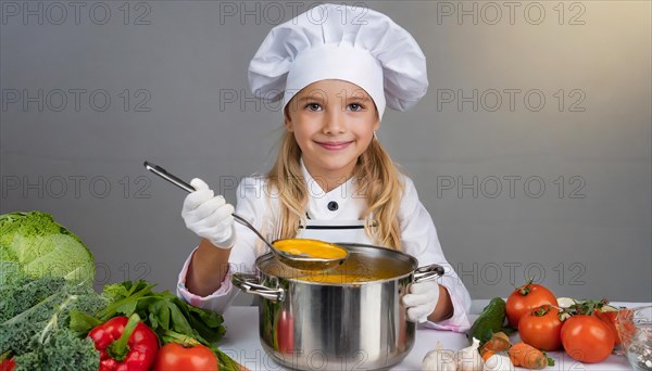 AI generated, human, humans, person, persons, child, children, 8 year old girl cooking a vegetable