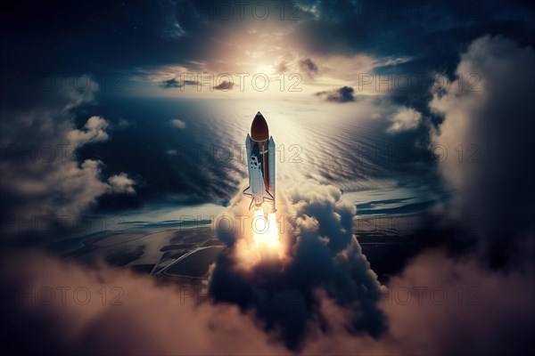 Aerial view of a rocket shuttle carrier launch at sunrise over an ocean coast. The rocket is