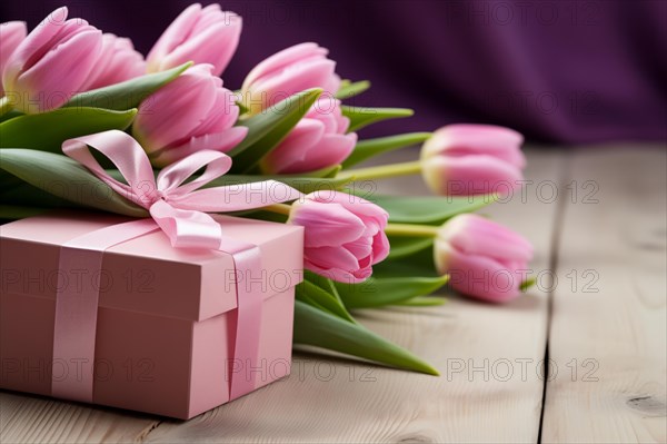 Gift Box with Pink Ribbon Beside bouquet of Fresh Tulips on Bokeh Background. Good for Valentine
